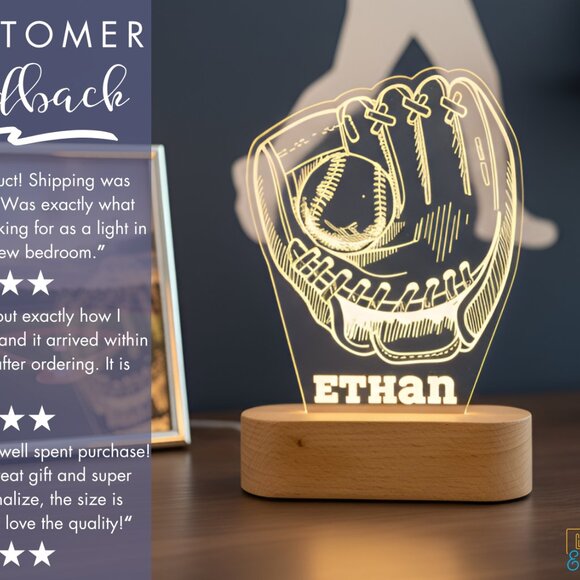 Baseball Glove Night Light – Personalized LED Sports Room Decor - Picture 7 of 8